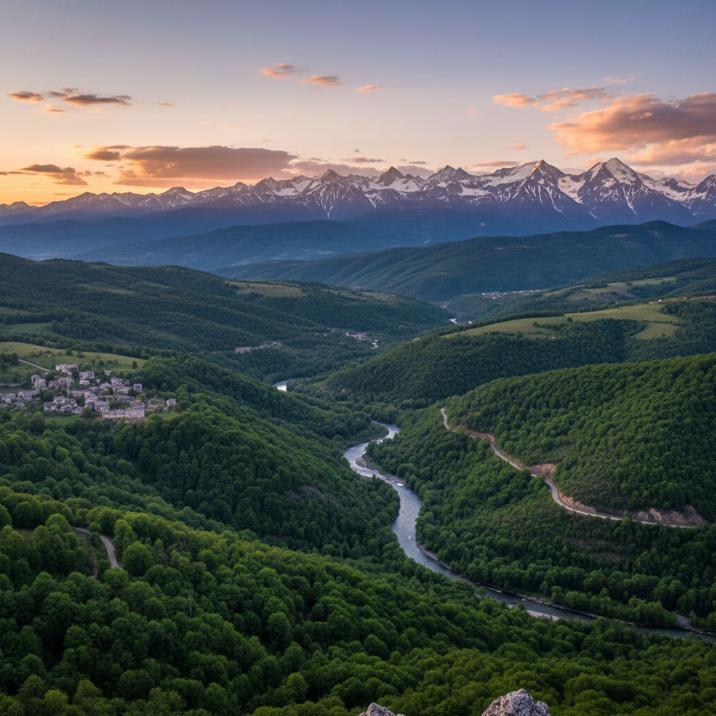 Vue panoramique d'un homme en marche sur un sentier de montagne en Suisse, lumière dorée du soleil couchant illuminant le paysage alpin, atmosphère de sérénité et de mouvement conscient en pleine nature