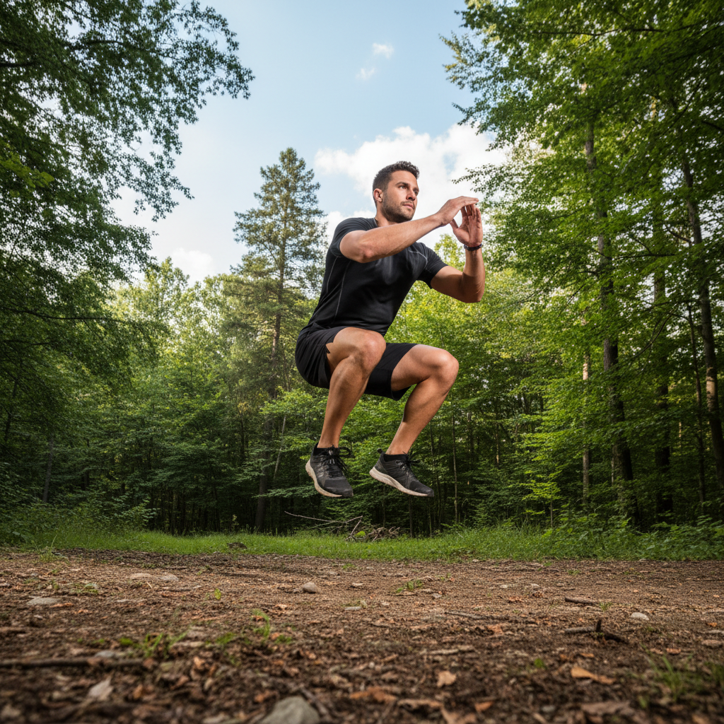 Homme effectuant des mouvements fonctionnels en plein air sur un terrain naturel, posture dynamique et équilibrée, fond de forêt verte et ciel lumineux