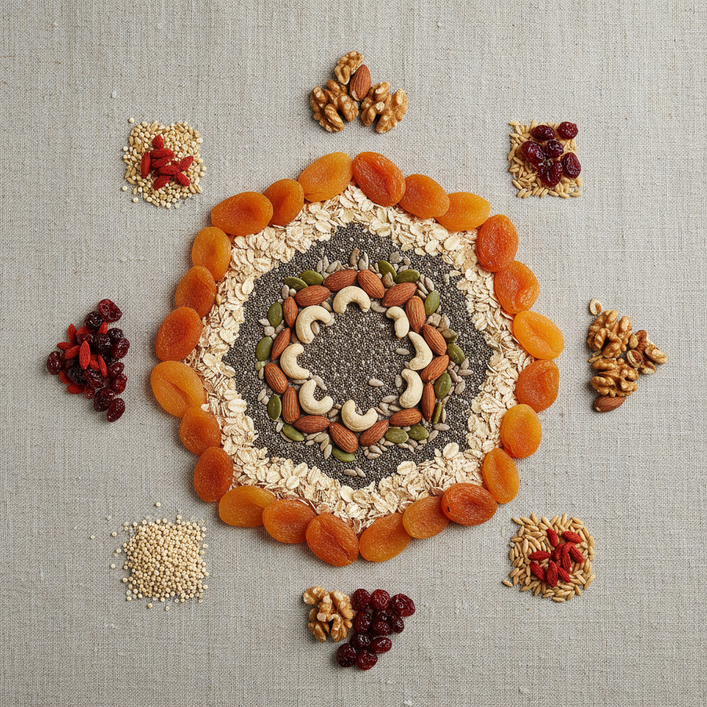 Photographie artistique de céréales complètes, graines et fruits secs disposés en composition géométrique sur fond de tissu naturel beige, mettant en valeur la diversité des glucides complexes